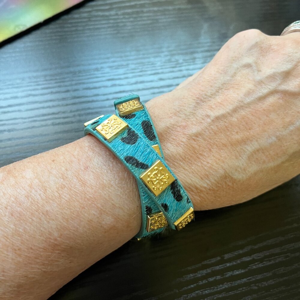 Rustic Cuff Calfhair Animal Print Double Wrap Logo Bracelet